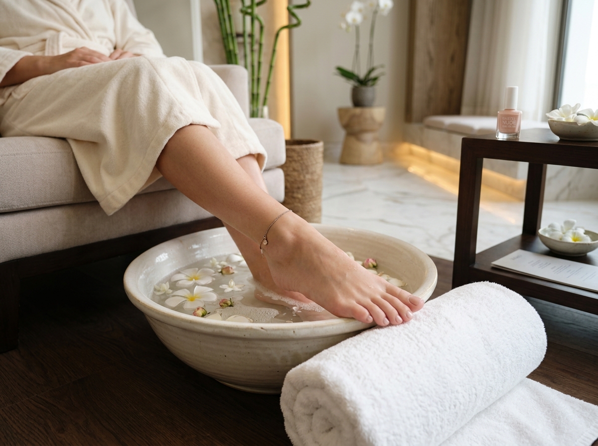 Serene spa pedicure setting with warm water basin, white petals and soft towels